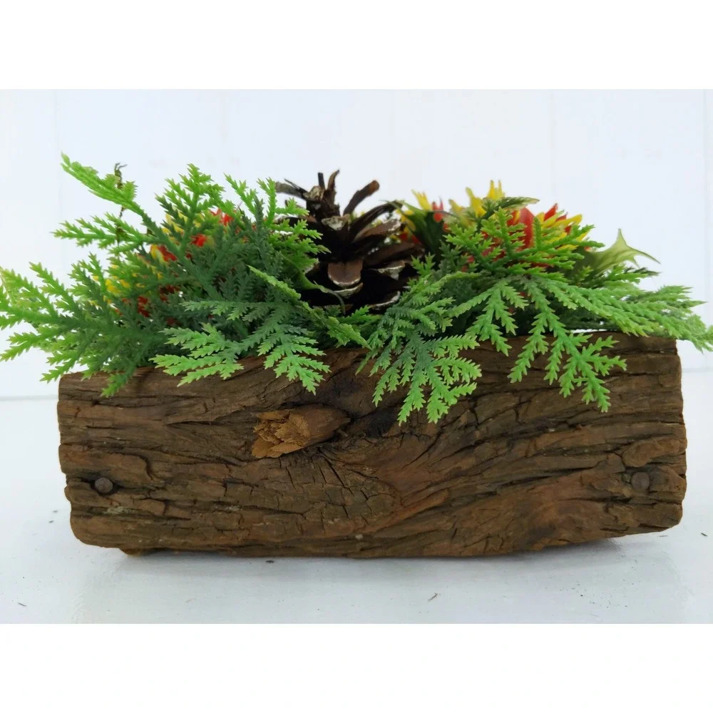vtg‎ Rustic Wooden Log Box Plastic Floral Poinsettia Pinecone Centerpiece Xmas